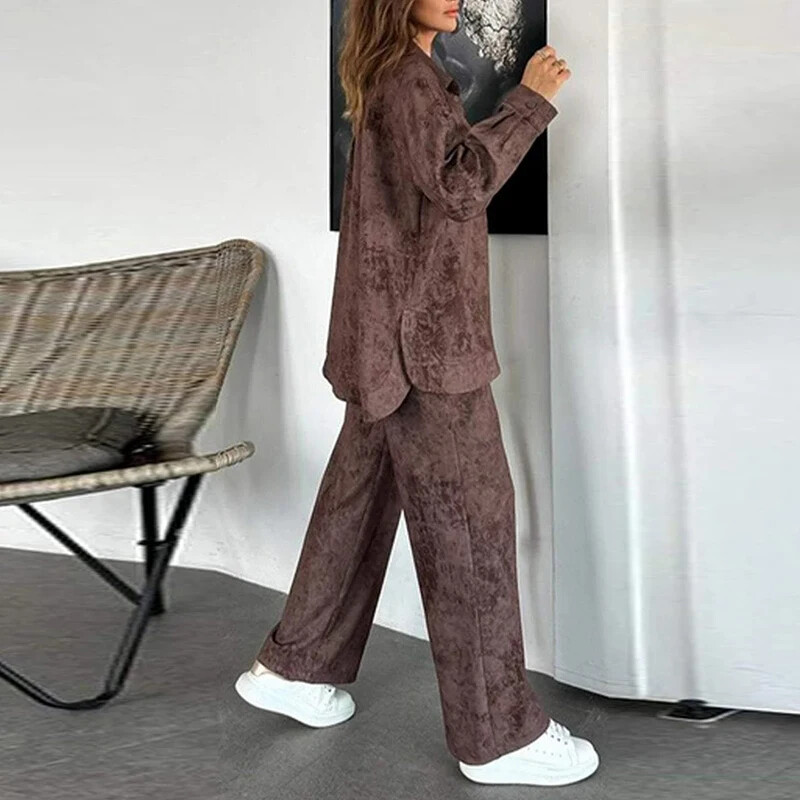 Vabaaja üherealise revääriga särgimantel ja nööriga püksikomplektid Retro ühevärvilised sügisülikonnad Naiste talvised pikkade varrukatega lahtised komplektid