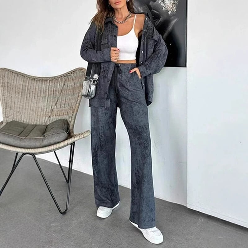 Vabaaja üherealise revääriga särgimantel ja nööriga püksikomplektid Retro ühevärvilised sügisülikonnad Naiste talvised pikkade varrukatega lahtised komplektid