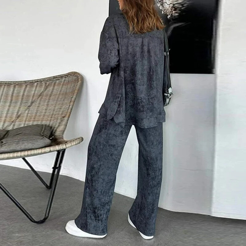 Vabaaja üherealise revääriga särgimantel ja nööriga püksikomplektid Retro ühevärvilised sügisülikonnad Naiste talvised pikkade varrukatega lahtised komplektid