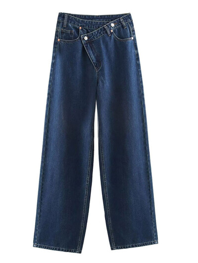 HOUZHOU naiste laia säärega teksad Vintage ebaregulaarsed pestud teksapüksid esteetilised kottis sirged asümmeetrilised teksad kõrge vöökohaga