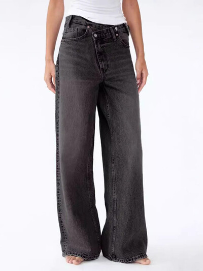 HOUZHOU naiste laia säärega teksad Vintage ebaregulaarsed pestud teksapüksid esteetilised kottis sirged asümmeetrilised teksad kõrge vöökohaga