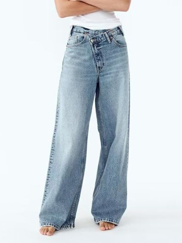 HOUZHOU naiste laia säärega teksad Vintage ebaregulaarsed pestud teksapüksid esteetilised kottis sirged asümmeetrilised teksad kõrge vöökohaga