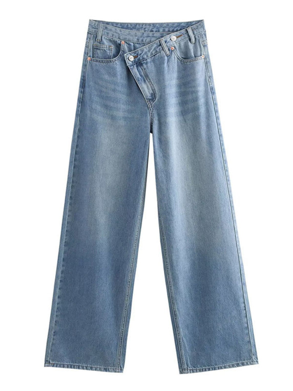 HOUZHOU naiste laia säärega teksad Vintage ebaregulaarsed pestud teksapüksid esteetilised kottis sirged asümmeetrilised teksad kõrge vöökohaga