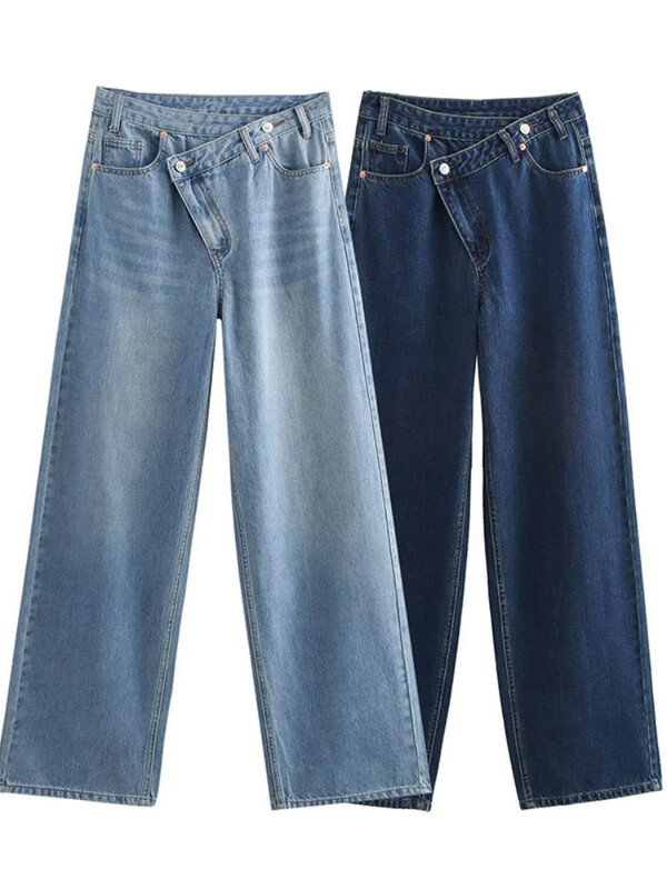 HOUZHOU naiste laia säärega teksad Vintage ebaregulaarsed pestud teksapüksid esteetilised kottis sirged asümmeetrilised teksad kõrge vöökohaga