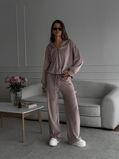 Kevad-sügis naiste kaheosaline komplekt naiste läikiv, soliidne tõmblukuga jakk + sportlik vabaaja laiade pükste komplekt naistele