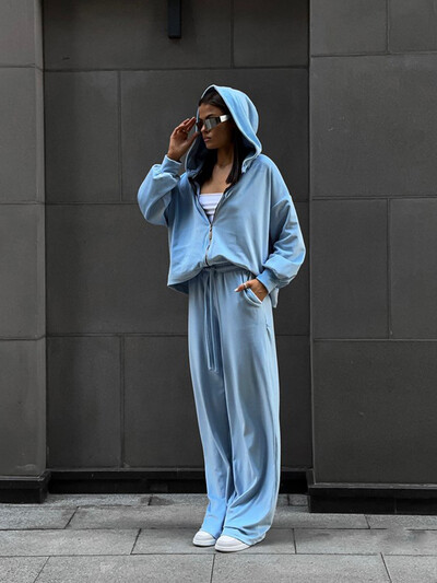 Kevad-sügis naiste kaheosaline komplekt naiste läikiv, soliidne tõmblukuga jakk + sportlik vabaaja laiade pükste komplekt naistele