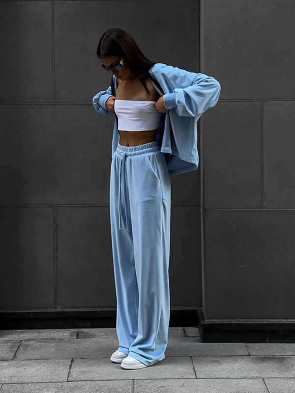 Kevad-sügis naiste kaheosaline komplekt naiste läikiv, soliidne tõmblukuga jakk + sportlik vabaaja laiade pükste komplekt naistele