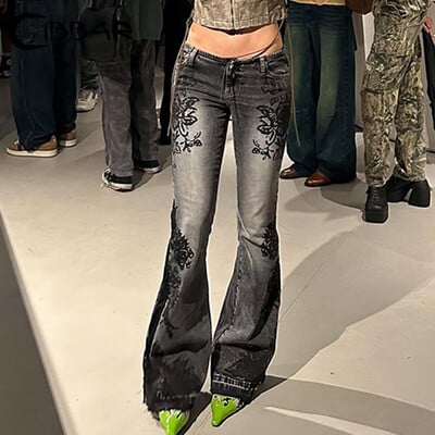 CIBBAR Streetwear y2k Flare Jeans Otezane traperice s cvjetnim printom niskog struka iz 2000-ih, uske traper hlače Korejske ženske hlače Retro Mom Jeans