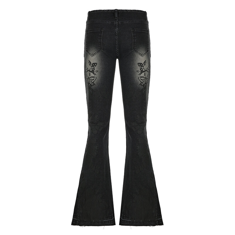 CIBBAR Tänavarõivad y2k Flare Teksad Distressed 2000. aastate lilleprinter Madala tõusuga õhukesed teksapüksid Korea naiste püksid Retro Mom teksad