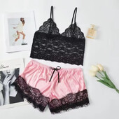 Naiste pitsiline seksikas pidžaamakomplekt V-kaelusega madala pitsiga ülaosa ja lühikesed püksid
