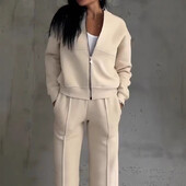 Kevadine naine avar spordidress, tõmblukuga dressipluus + kõrge vöökohaga sirged püksid, spordirõivad, naiste sügis, vabaaja kaheosaline komplekt