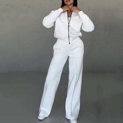 Kevadine naine avar spordidress, tõmblukuga dressipluus + kõrge vöökohaga sirged püksid, spordirõivad, naiste sügis, vabaaja kaheosaline komplekt