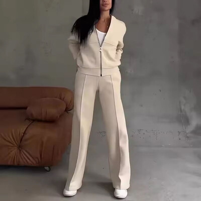 Kevadine naine avar spordidress, tõmblukuga dressipluus + kõrge vöökohaga sirged püksid, spordirõivad, naiste sügis, vabaaja kaheosaline komplekt