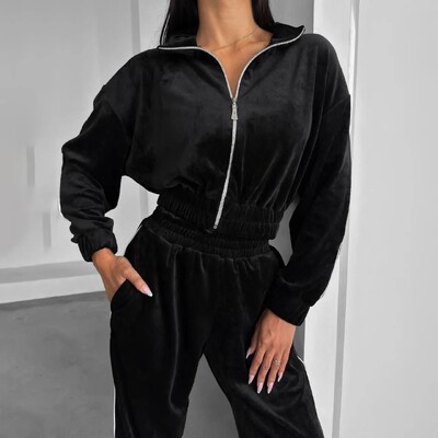 Trendikas vöökohaga sametülikonna jope ja püksid, 2-osaline komplekt, moodne vabaaja stiilis elastne vöökoha tõmblukk, kõrgekvaliteediline