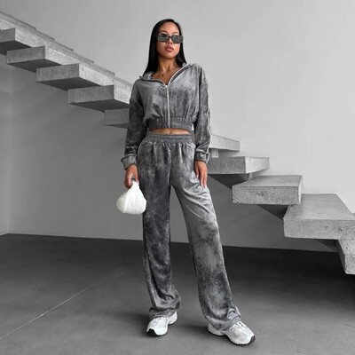 Trendikas vöökohaga sametülikonna jope ja püksid, 2-osaline komplekt, moodne vabaaja stiilis elastne vöökoha tõmblukk, kõrgekvaliteediline