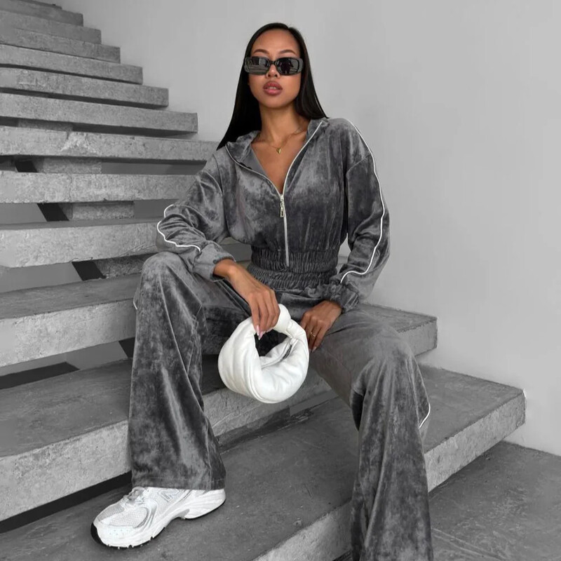 Trendikas vöökohaga sametülikonna jope ja püksid, 2-osaline komplekt, moodne vabaaja stiilis elastne vöökoha tõmblukk, kõrgekvaliteediline