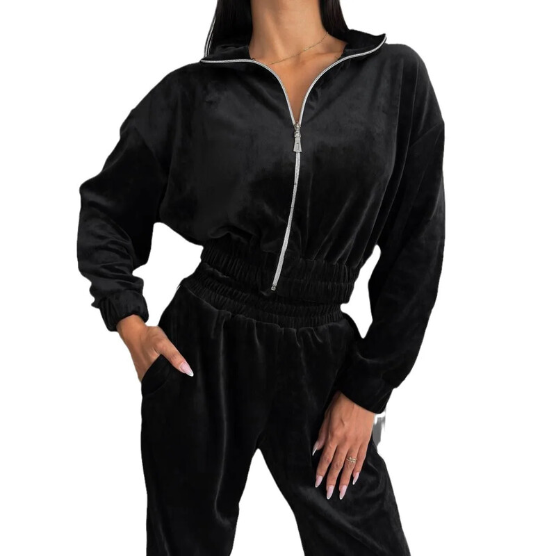 Trendikas vöökohaga sametülikonna jope ja püksid, 2-osaline komplekt, moodne vabaaja stiilis elastne vöökoha tõmblukk, kõrgekvaliteediline