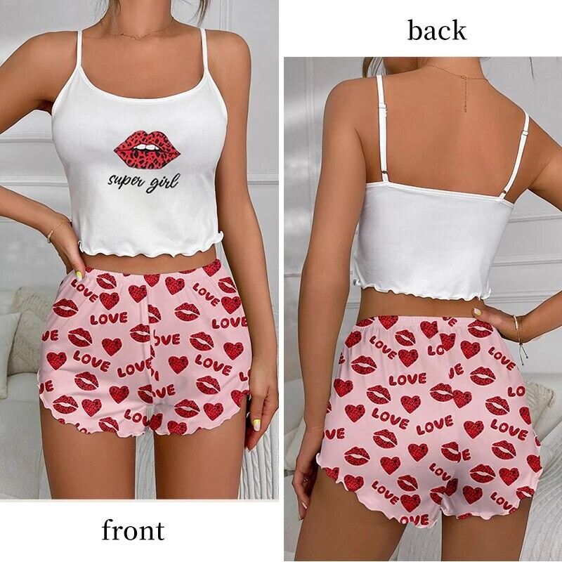 Naiste kaheosaline trükitud pidžaamakomplekt Naiste ümara kaelusega ripatsiga ülaosa ja elastse vöökohaga trükitud lühikesed püksid vabaaja pidžaamakomplekt