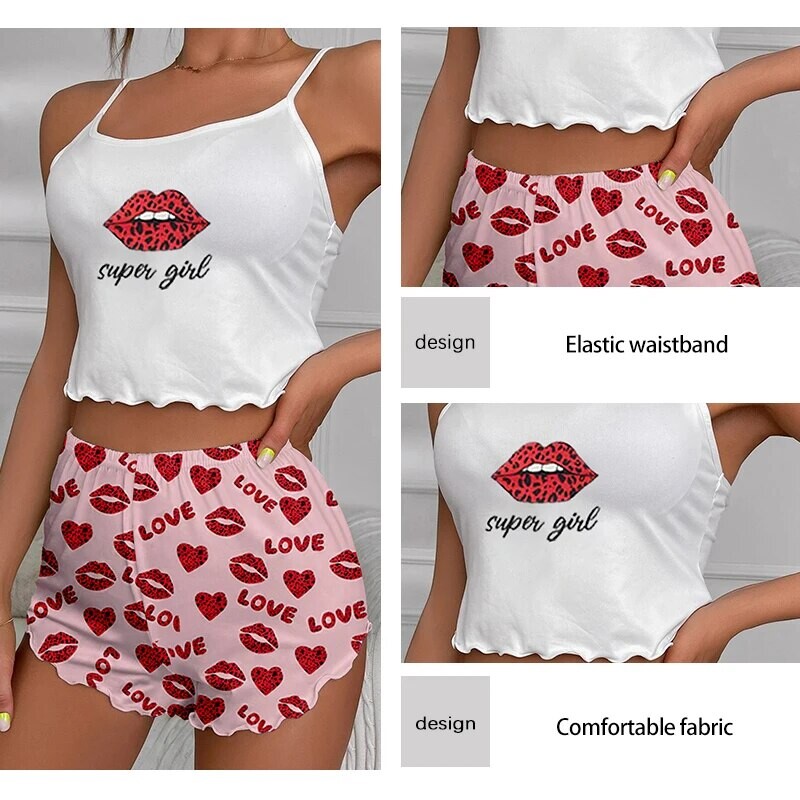 Naiste kaheosaline trükitud pidžaamakomplekt Naiste ümara kaelusega ripatsiga ülaosa ja elastse vöökohaga trükitud lühikesed püksid vabaaja pidžaamakomplekt