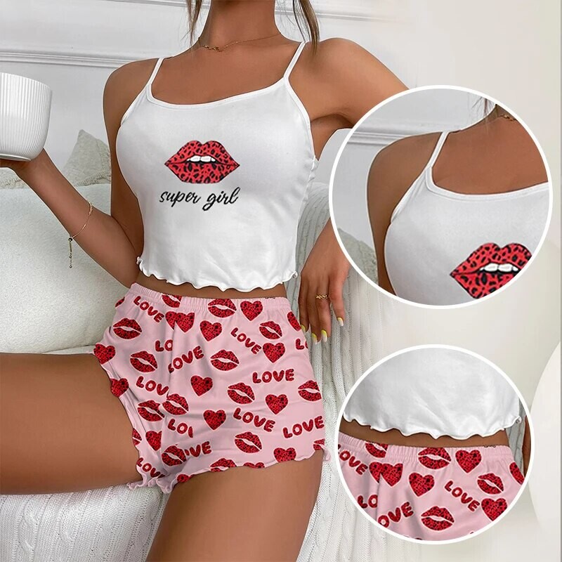 Naiste kaheosaline trükitud pidžaamakomplekt Naiste ümara kaelusega ripatsiga ülaosa ja elastse vöökohaga trükitud lühikesed püksid vabaaja pidžaamakomplekt