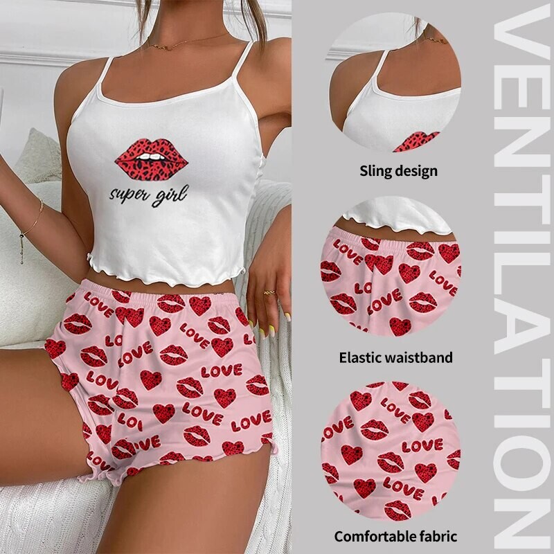 Naiste kaheosaline trükitud pidžaamakomplekt Naiste ümara kaelusega ripatsiga ülaosa ja elastse vöökohaga trükitud lühikesed püksid vabaaja pidžaamakomplekt