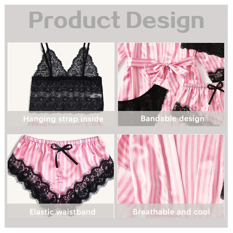 4-osaline naiste roosa valge triibuline satiini ja pitsiga kaunistatud kodune magamisriiete komplekt Uus V-kaelusega kamuflaaž vabaaja magamisriiete komplekt