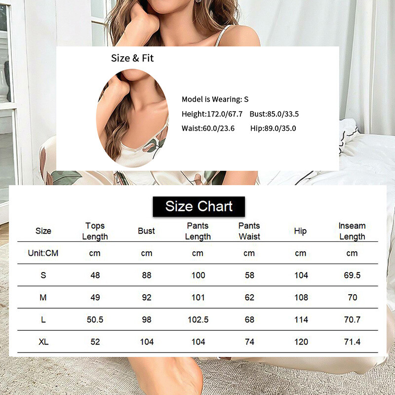 Naiste elegantse leheprintiga satiinist pidžaamakomplekt V-kaelusega Cami top ja elastsed püksid mugavaks magamiseks ja magamisriieteks