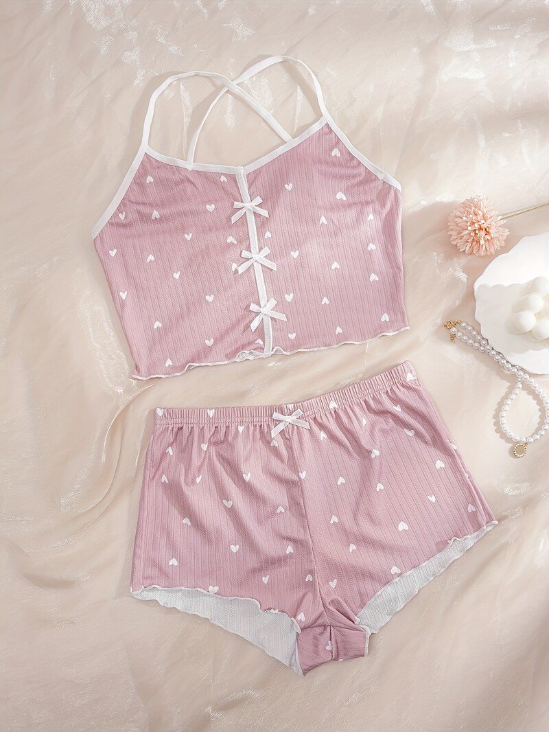 Suvine armas südameprinteris pidžaamakomplekt naiste magamisrõivastele, puhkerõivastele, kaelariiete, Cami top ja elastsed lühikesed püksid sõbrapäevaks