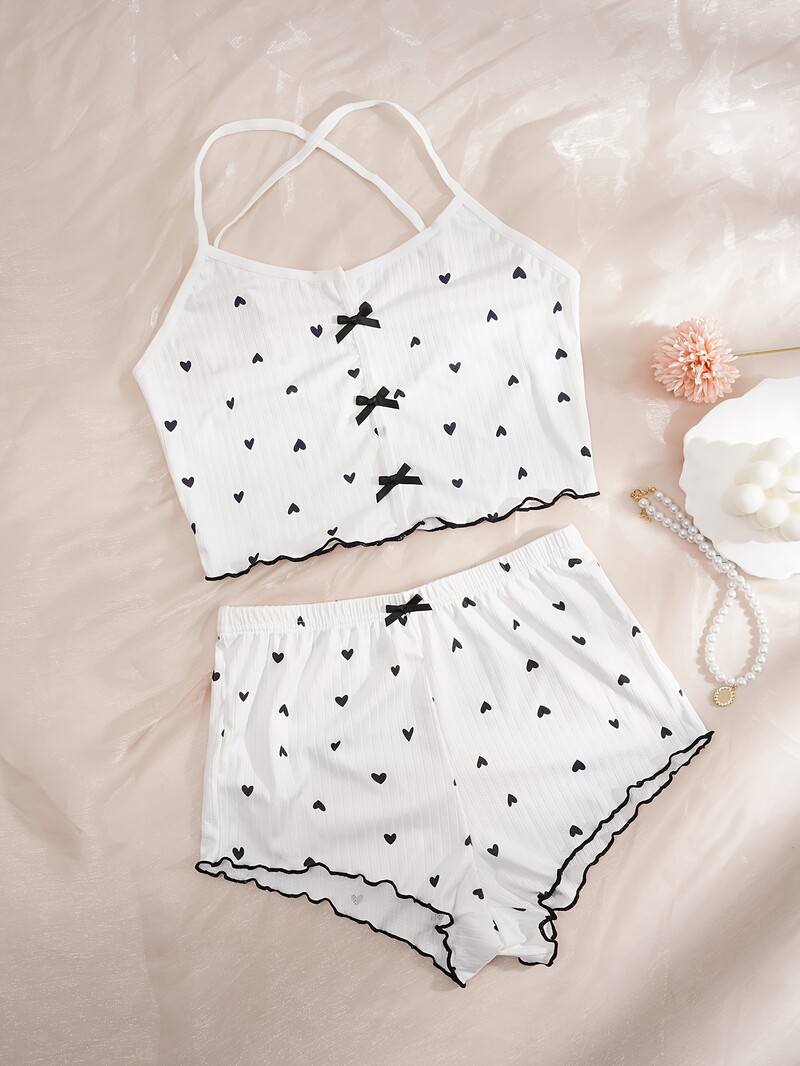 Suvine armas südameprinteris pidžaamakomplekt naiste magamisrõivastele, puhkerõivastele, kaelariiete, Cami top ja elastsed lühikesed püksid sõbrapäevaks