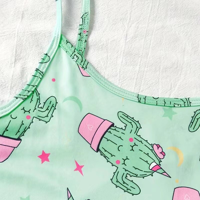 Naiste pidžaamakomplekt, magamisriided, 2 tk, lühikesed topid ja lühikesed püksid SML, roheline, ventileeritav, pehme vabaaja kaktuseprint