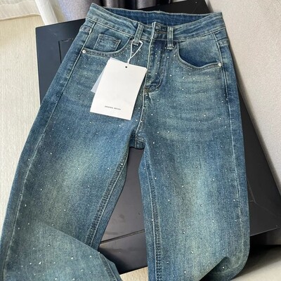 Retro mazgāti džinsi ar dimantu inkrustēti Sieviešu pavasara dizains Sense bikses ar augstu vidukli ar taisnām kājām brīvas, platas slaucīšanas bikses