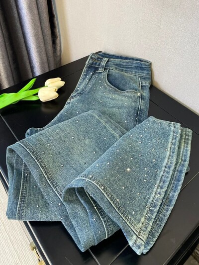 Retro Washed Diamond-encrusted Jeans Γυναικείο Ανοιξιάτικο Σχέδιο Sense Ψηλόμεση ίσιο παντελόνι Φαρδύ παντελόνι σφουγγαρίσματος με φαρδύ πόδι