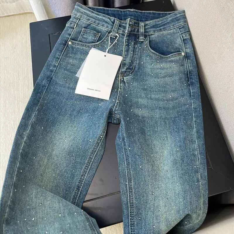Retro mazgāti džinsi ar dimantu inkrustēti Sieviešu pavasara dizains Sense bikses ar augstu vidukli ar taisnām kājām brīvas, platas slaucīšanas bikses
