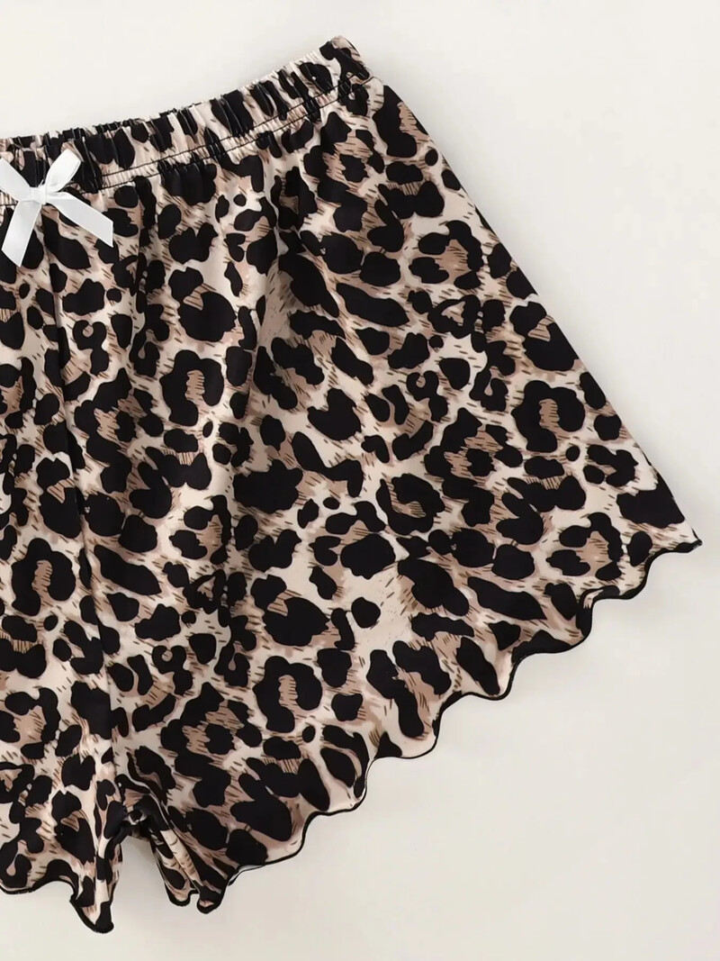 Sieviešu pidžamu komplekts Seksīga apakšveļa Leopard Print Sling Sling Sleepwear V-veida kakla piedurknēm un šortu komplekti Pidžamas mājas apģērbs