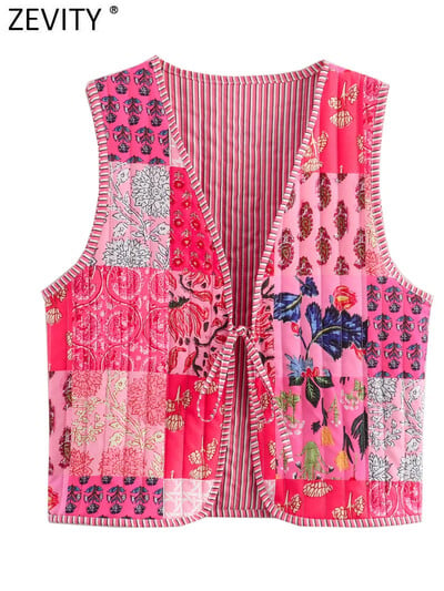 Zevity pentru femei, în stil național, fără mâneci, cu patchwork cu imprimeu floral, vestă matlasată, jachetă pentru femei, vestă cu șireturi, topuri crop șic CT6267