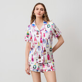 Moteriškas 2 dalių pižamos rinkinys trumpomis rankovėmis su šampano spaudiniu marškinėliai + šortai Vasariniai laisvi namų drabužiai