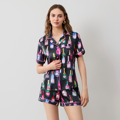 Moteriškas 2 dalių pižamos rinkinys trumpomis rankovėmis su šampano spaudiniu marškinėliai + šortai Vasariniai laisvi namų drabužiai