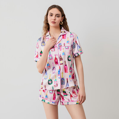 Moteriškas 2 dalių pižamos rinkinys trumpomis rankovėmis su šampano spaudiniu marškinėliai + šortai Vasariniai laisvi namų drabužiai