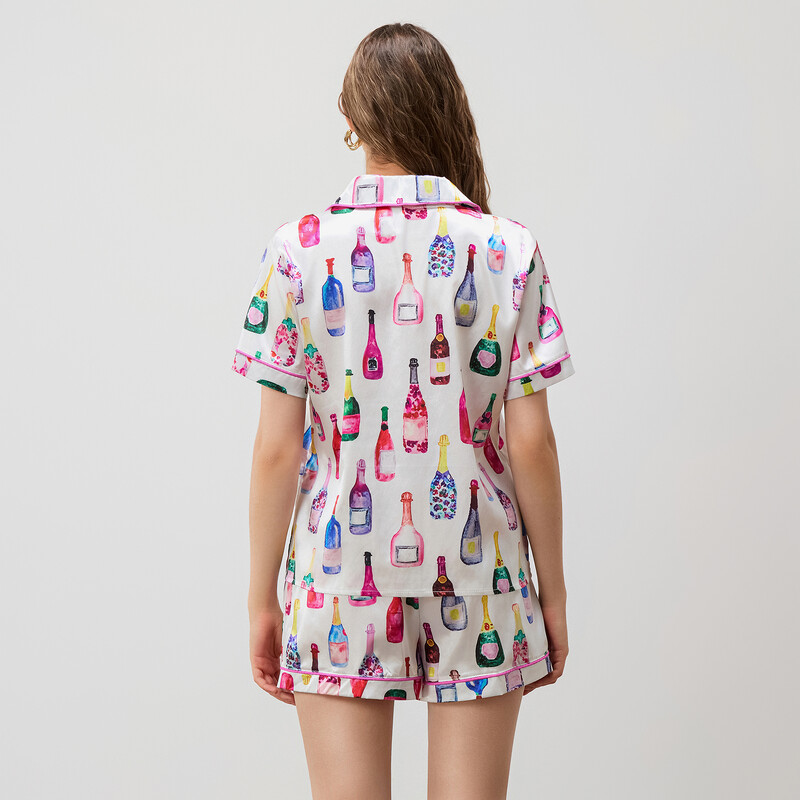 Moteriškas 2 dalių pižamos rinkinys trumpomis rankovėmis su šampano spaudiniu marškinėliai + šortai Vasariniai laisvi namų drabužiai