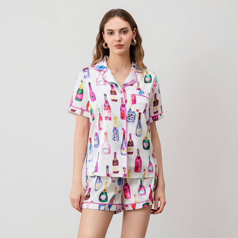 Moteriškas 2 dalių pižamos rinkinys trumpomis rankovėmis su šampano spaudiniu marškinėliai + šortai Vasariniai laisvi namų drabužiai