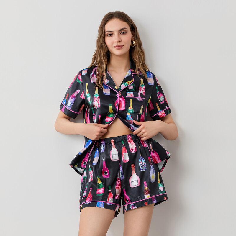 Moteriškas 2 dalių pižamos rinkinys trumpomis rankovėmis su šampano spaudiniu marškinėliai + šortai Vasariniai laisvi namų drabužiai