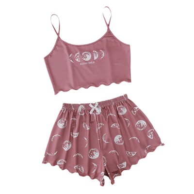 Pijamale de vară Lenjerie de dormit Set de pijamale pentru femei Camisole și pantaloni scurți Roz Moon and Planet Print Costum casual confortabil