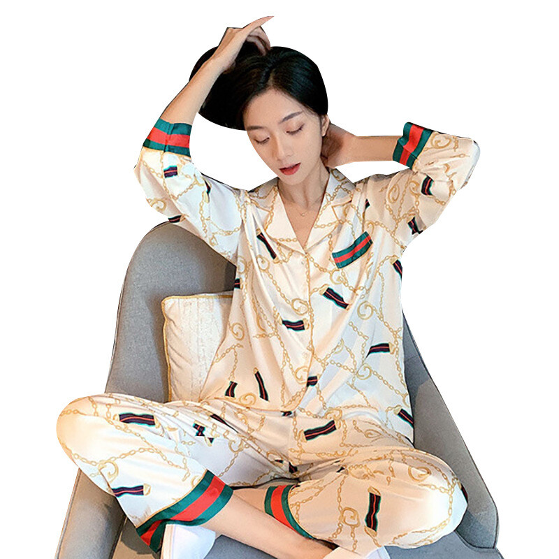 2024. őszi új jégselyem női pizsama hajtóka gombos kardigán ruhák nőknek 2 részes készlet divatos nyomdai készlet női ruhák