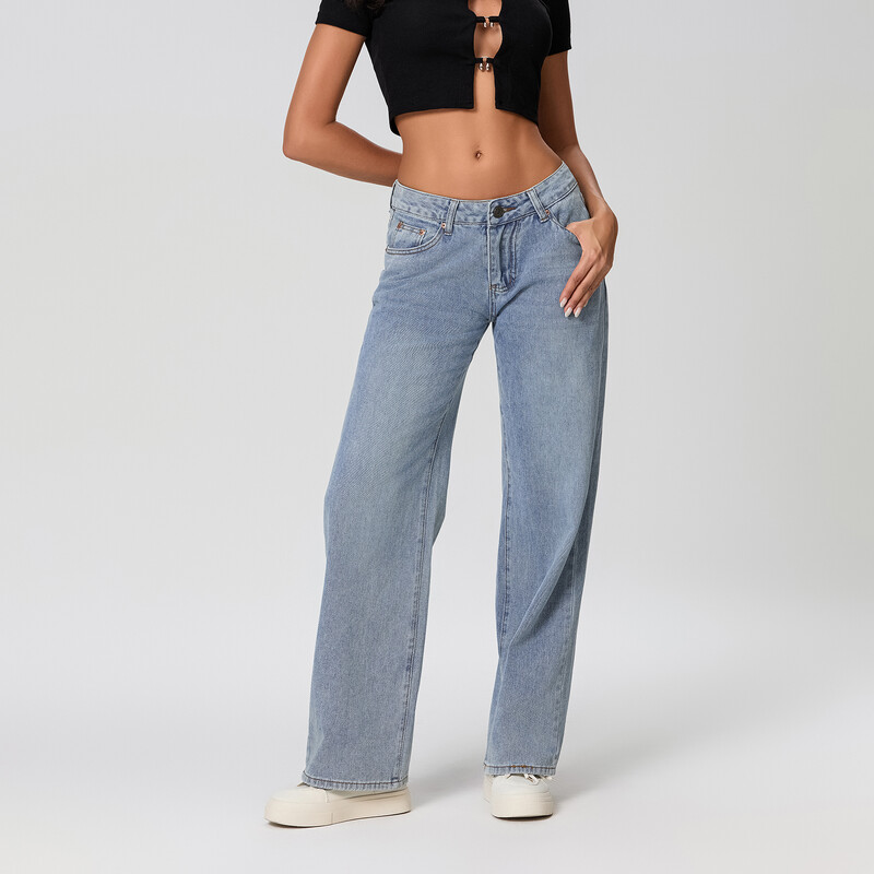 Puloru Női Divatos Boyfriend Egyenes széles szárú farmernadrág utcai viselethez Esztétikus ruhák Alacsony emelkedésű táskás farmer hosszú nadrág