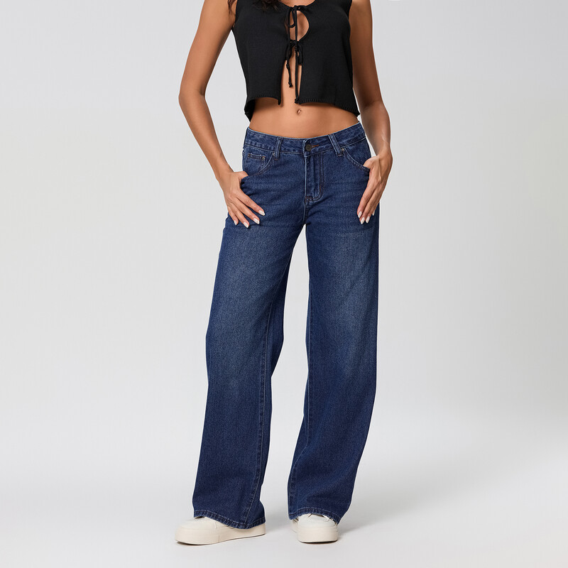 Puloru Női Divatos Boyfriend Egyenes széles szárú farmernadrág utcai viselethez Esztétikus ruhák Alacsony emelkedésű táskás farmer hosszú nadrág