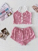 Naiste südametrükiga Seksika soonikuga vibudekooriga pidžaamakomplekt, ümara kaelusega seljata, mugavad Crop Cami top & lühikesed püksid, suvised ööriided