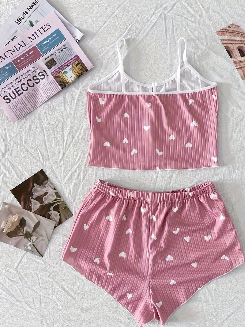 Naiste südametrükiga Seksika soonikuga vibudekooriga pidžaamakomplekt, ümara kaelusega seljata, mugavad Crop Cami top & lühikesed püksid, suvised ööriided