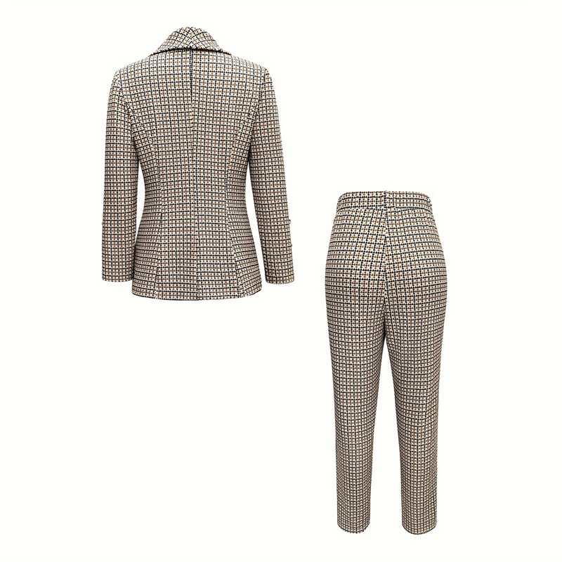 2 TK komplekt Naiste elegantne ruuduline vest, püksikomplektid, kaherealine bleiser, sügisene pikkade varrukatega topp + kõrge vöökohaga õhuke naiste kontor