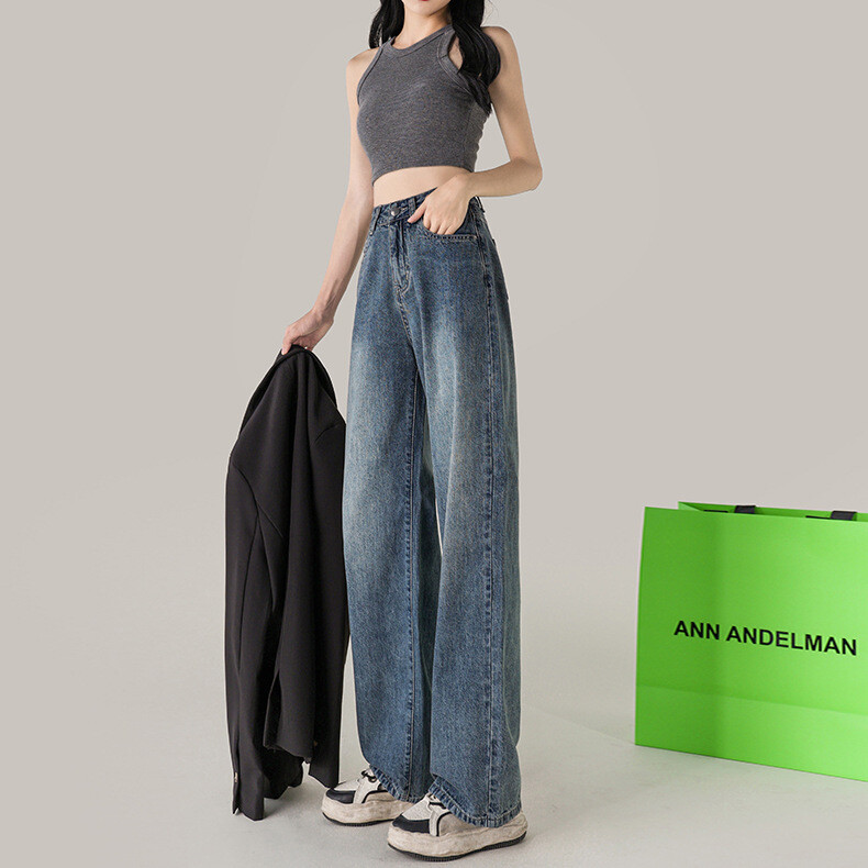 Retro Slim Fit Női Farmer Kis méretű Laza stílus Magas Derék Egyenes Lépés Vékony Hosszú Nadrág Pamut szövet Kényelmes Stílus