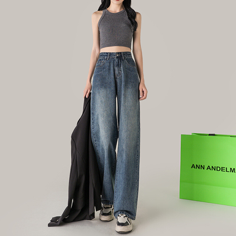 Retro Slim Fit Női Farmer Kis méretű Laza stílus Magas Derék Egyenes Lépés Vékony Hosszú Nadrág Pamut szövet Kényelmes Stílus